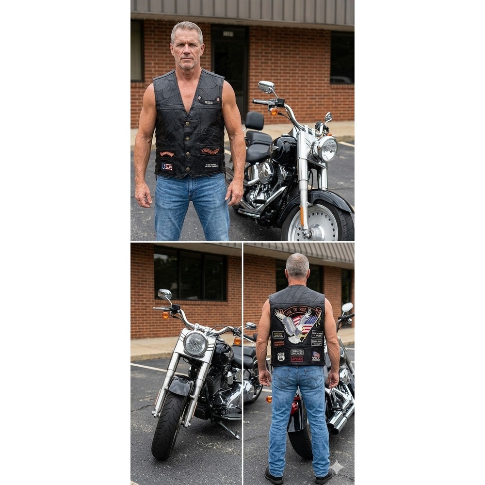 Diamond Plate men M exotic buffalo leather vest‎ moto biker patches embroidered